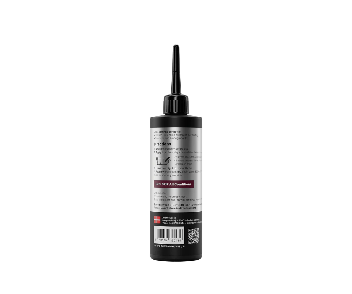 CeramicSpeed UFO Drip All Conditions Chain Wax Treatment 100ml bottle, focused on ceramicspeed chain wax treatment.