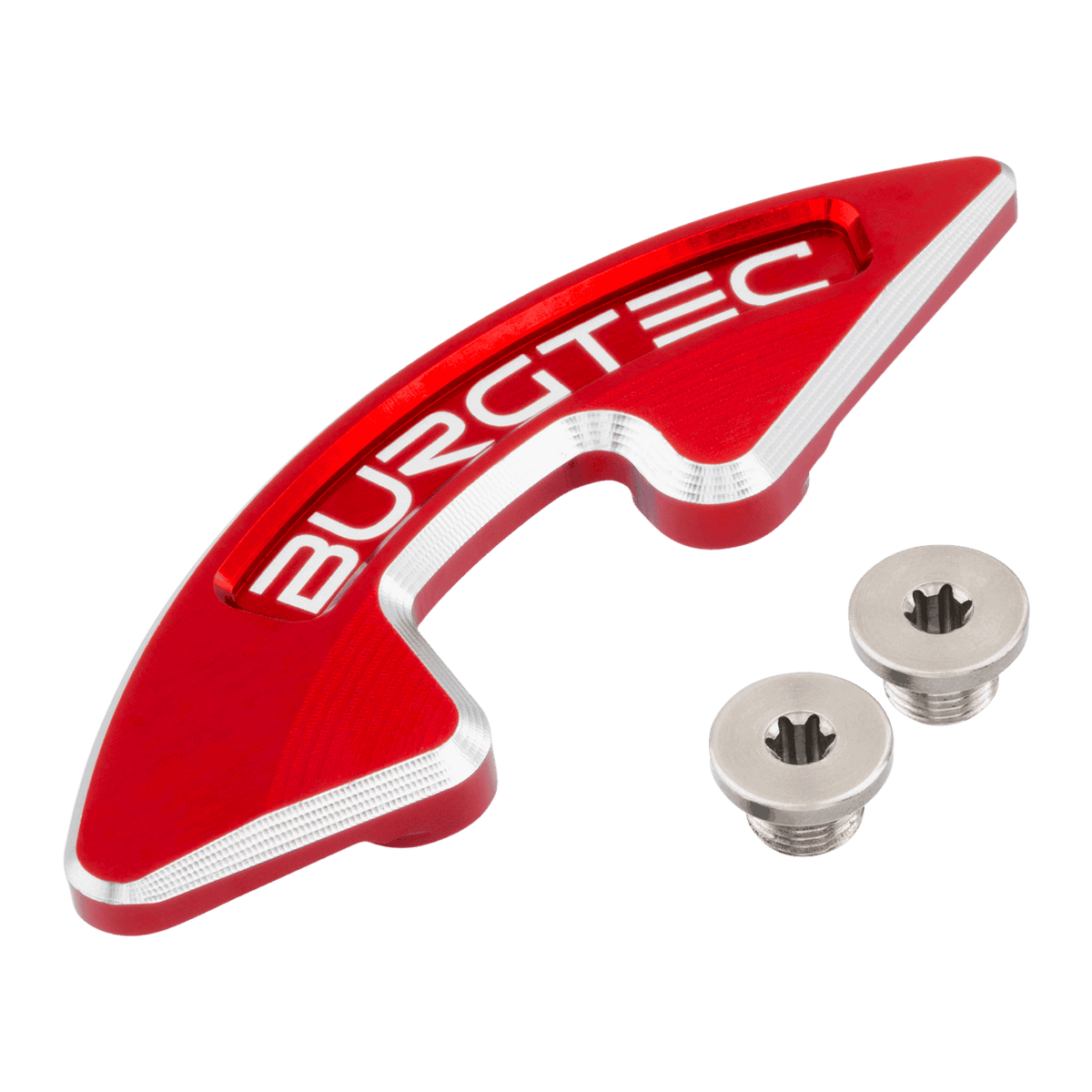 Burgtec Chainring Bash Guard for mountain biking, showcasing its sleek red design with mounting screws.