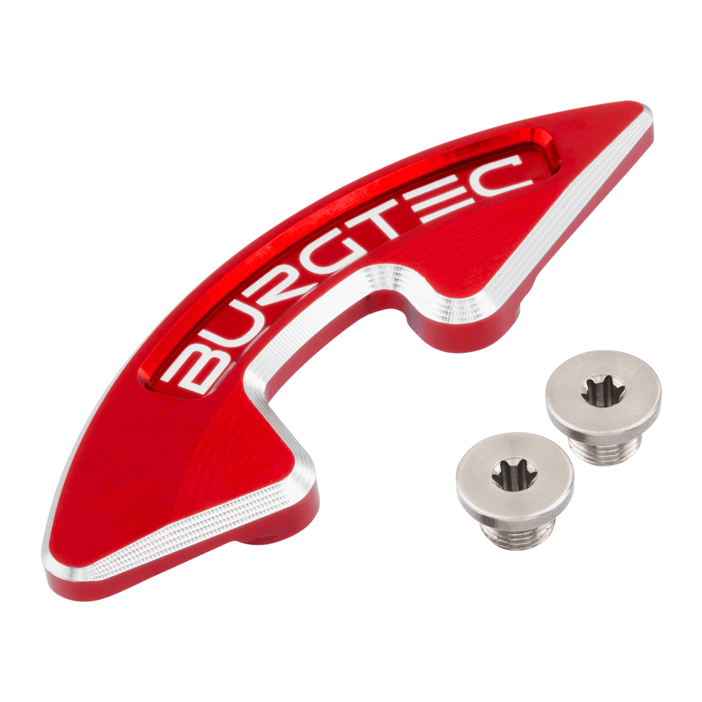 Burgtec Chainring Bash Guard for mountain biking, showcasing its sleek red design with mounting screws.