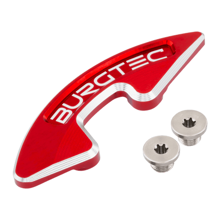 Burgtec Chainring Bash Guard for mountain biking, showcasing its sleek red design with mounting screws.