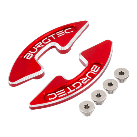 Burgtec Chainring Bash Guard designed for mountain biking, showcasing its sleek red design and included screws.