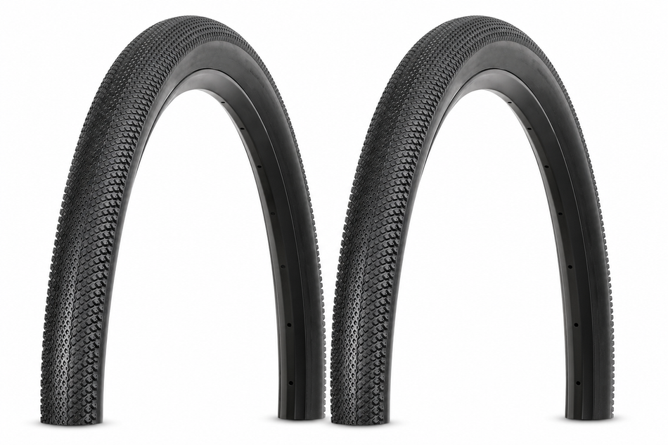 2x Nutrak Speedster gravel cyclocross tyres side view, showcasing durable tread design for optimal performance.