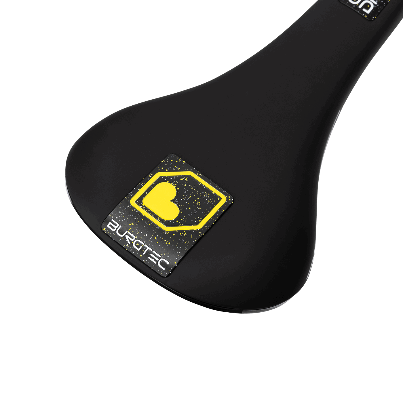 Burgtec The Cloud DH downhill mountain bike saddle featuring a sleek black design with yellow branding.
