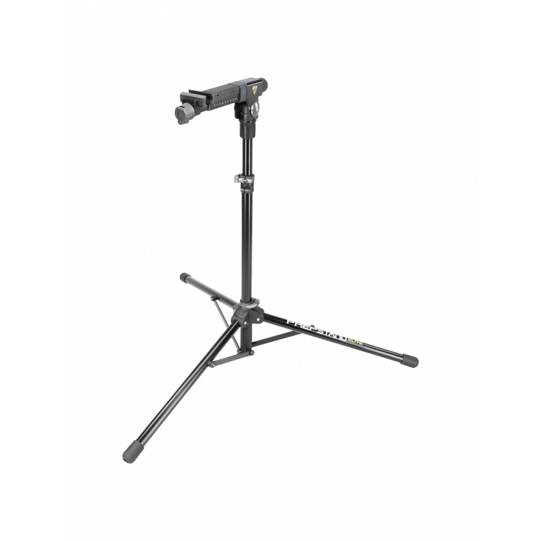 Topeak Elite bike repair stand shown in a stable tripod base design, featuring a free-angle rotating clamp.