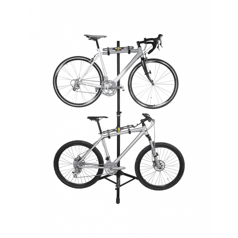 Topeak Two Up Double Bike Stand displaying two bikes for efficient double bike storage stand solution.