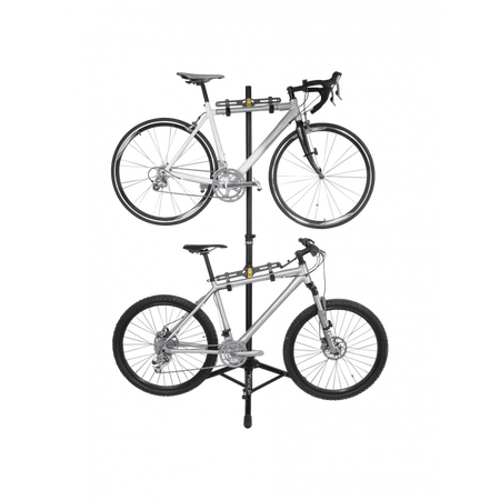 Topeak Two Up Double Bike Stand displaying two bikes for efficient double bike storage stand solution.