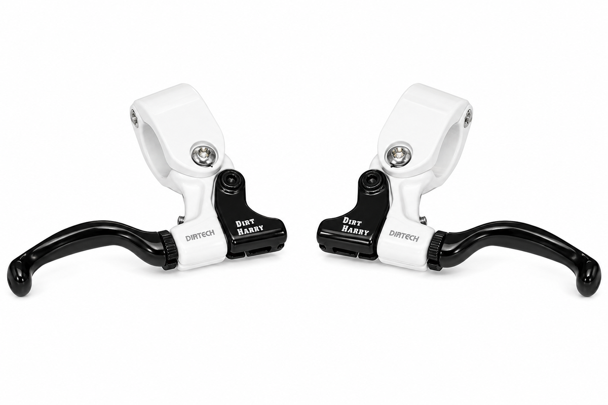 Dia-Compe Dirt Harry Tech 99 BMX brake lever for dirt style bikes in black and white showcasing double bent blades.