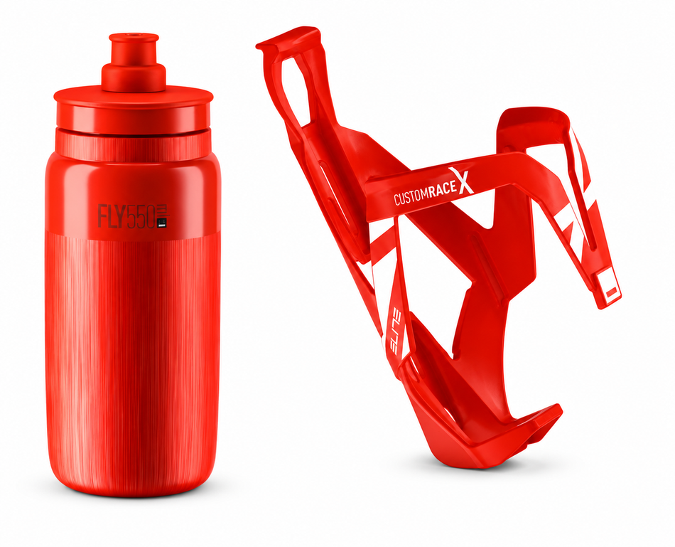 Elite Custom Race X Cage and Elite Fly 550ml Water Bottle Cycling Water Bottle Bundle in Red
