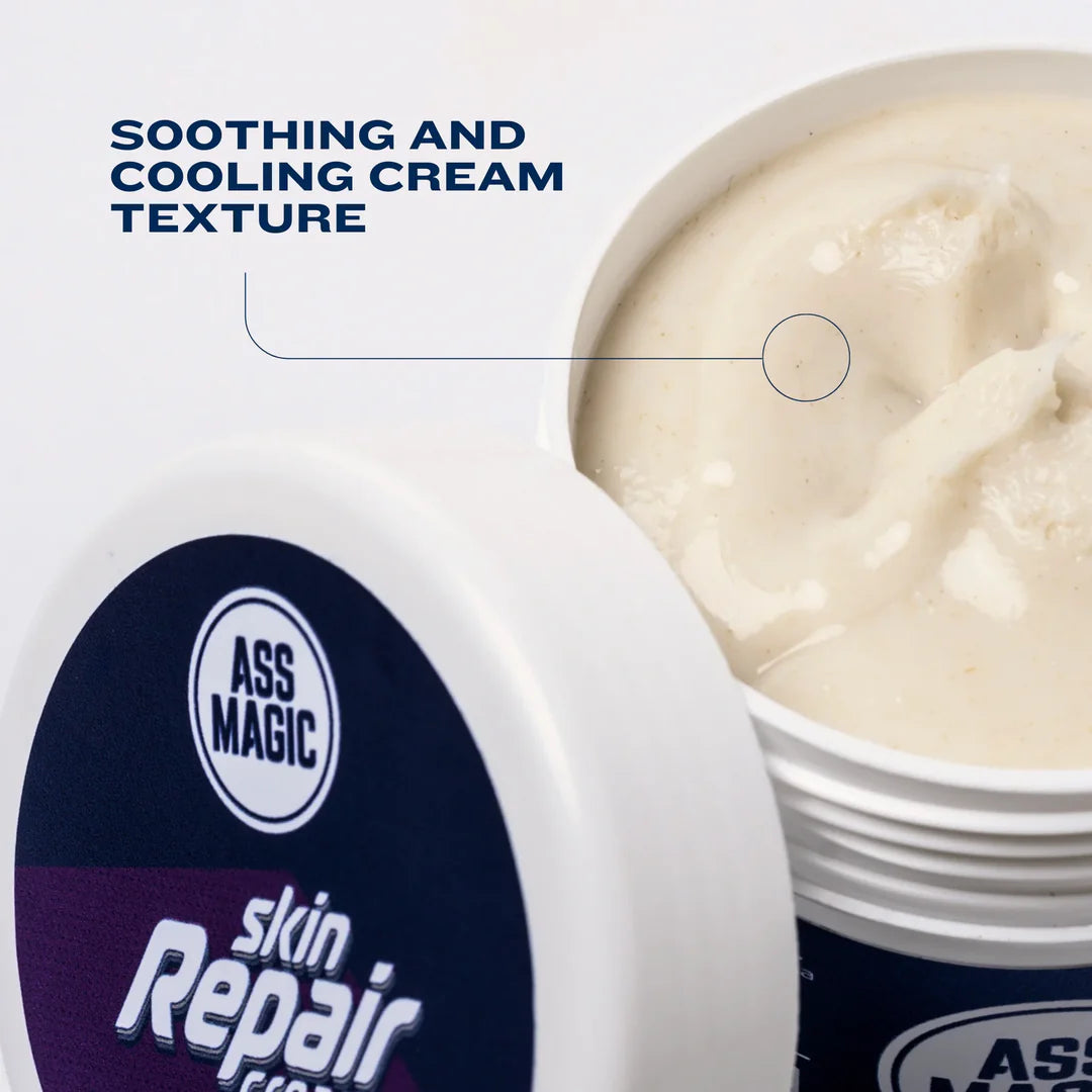 Close-up of Ass Magic skin repair cream for irritation, highlighting its soothing and cooling texture.