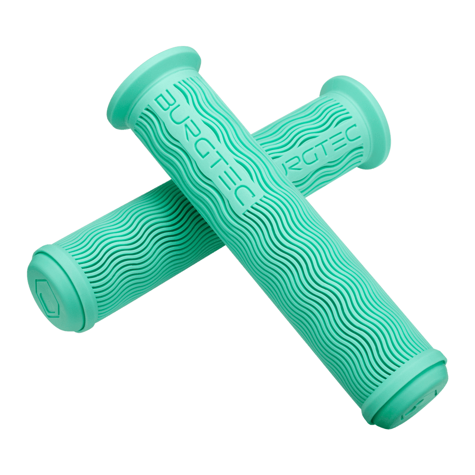 Burgtec Vero Sandler signature handlebar grips in teal color with textured design for improved grip and comfort.
