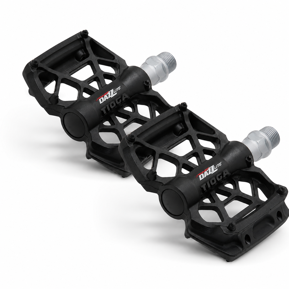 Tioga DAZZ Lite BMX pedals black featuring durable thermoplastic body and unique platform design.