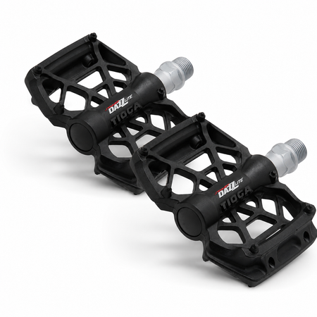 Tioga DAZZ Lite BMX pedals black featuring durable thermoplastic body and unique platform design.