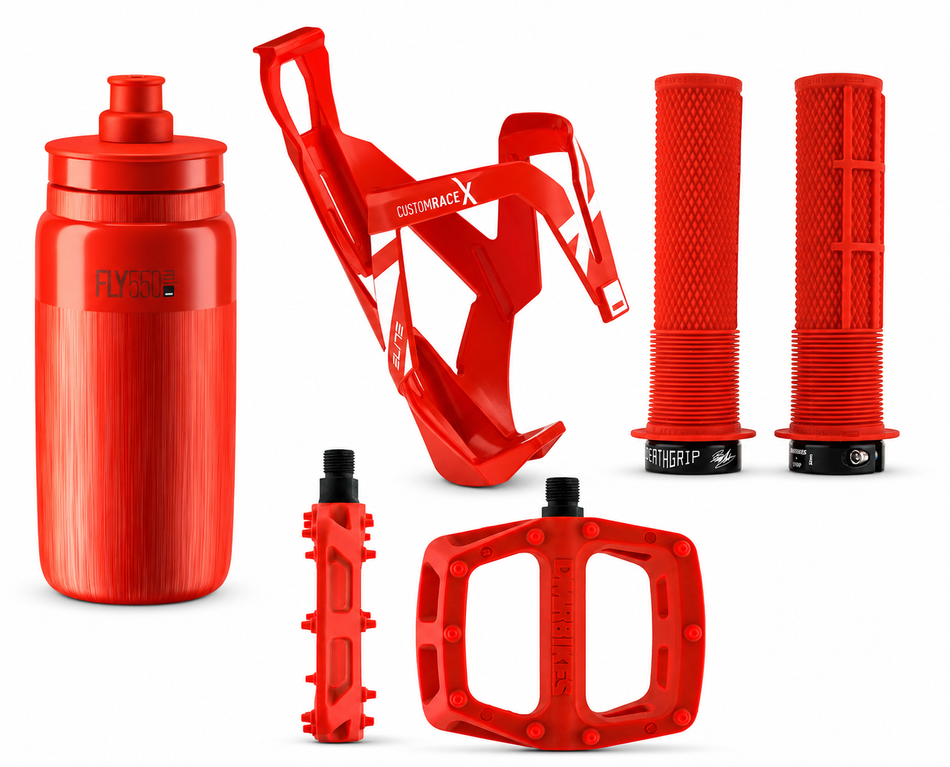 Elite 550ml water bottle, cage, DMR V6 pedal and DMR Deathgrips in red for MTB bike bundle with water bottle and pedals.