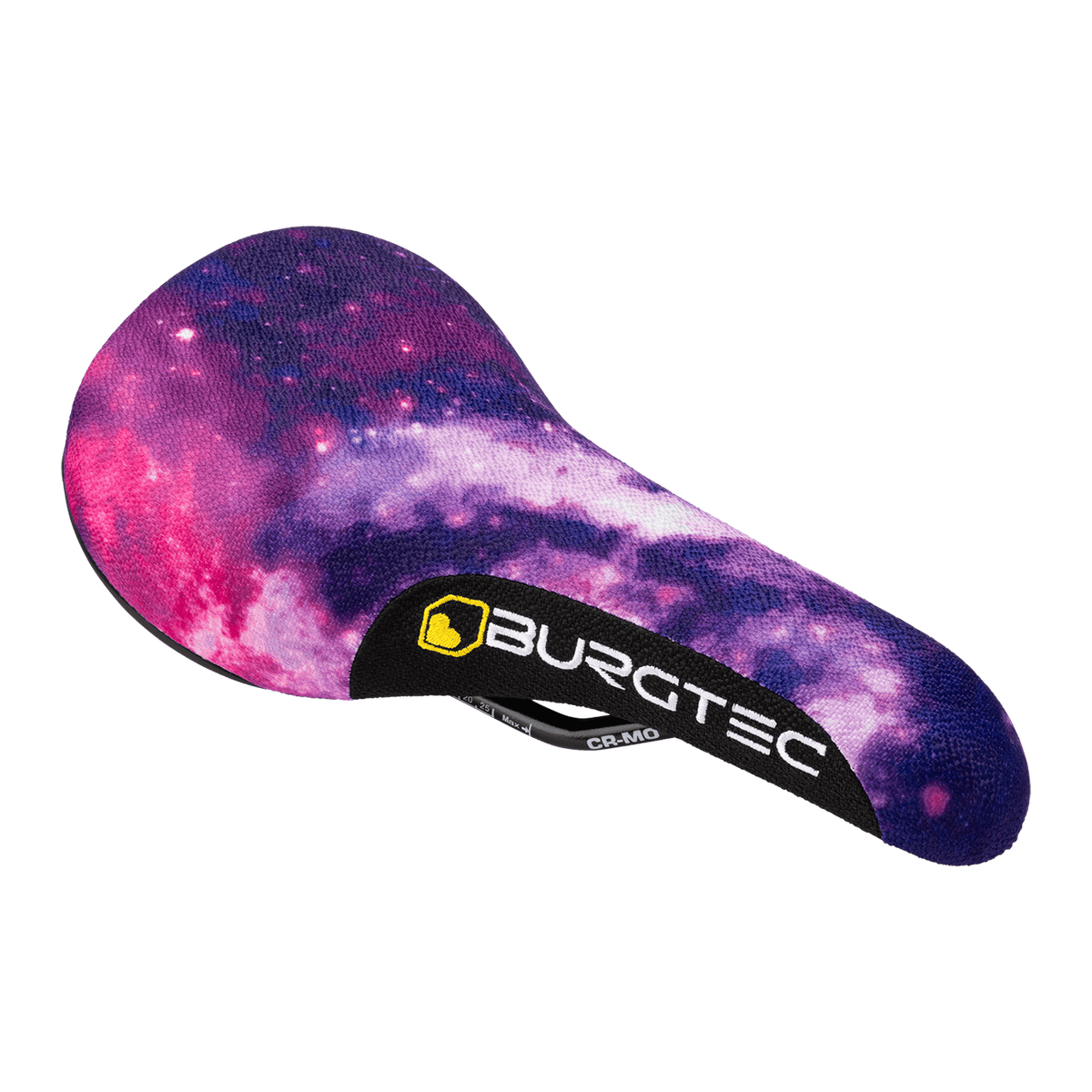 Burgtec The Cloud Boost dirt jump bike saddle featuring a vibrant galaxy design.