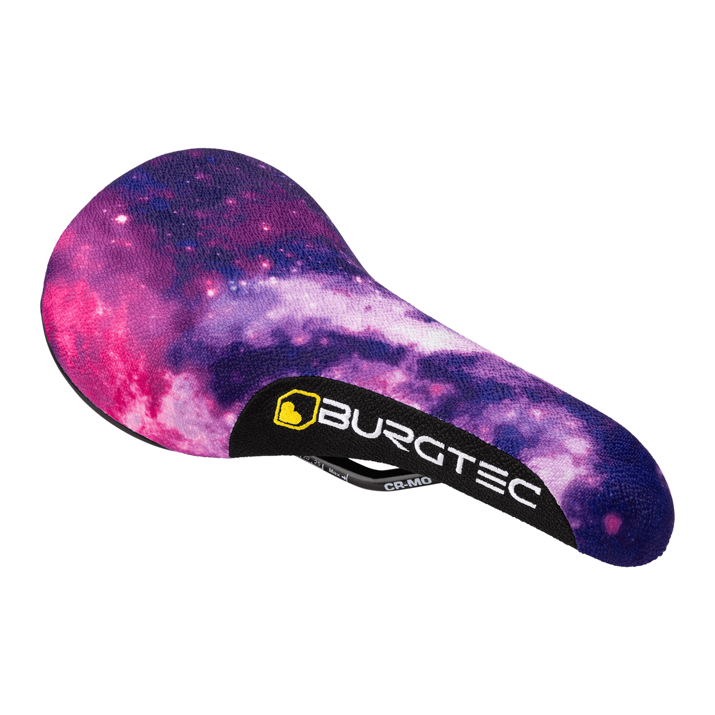 Burgtec The Cloud Boost dirt jump bike saddle featuring a vibrant galaxy design.
