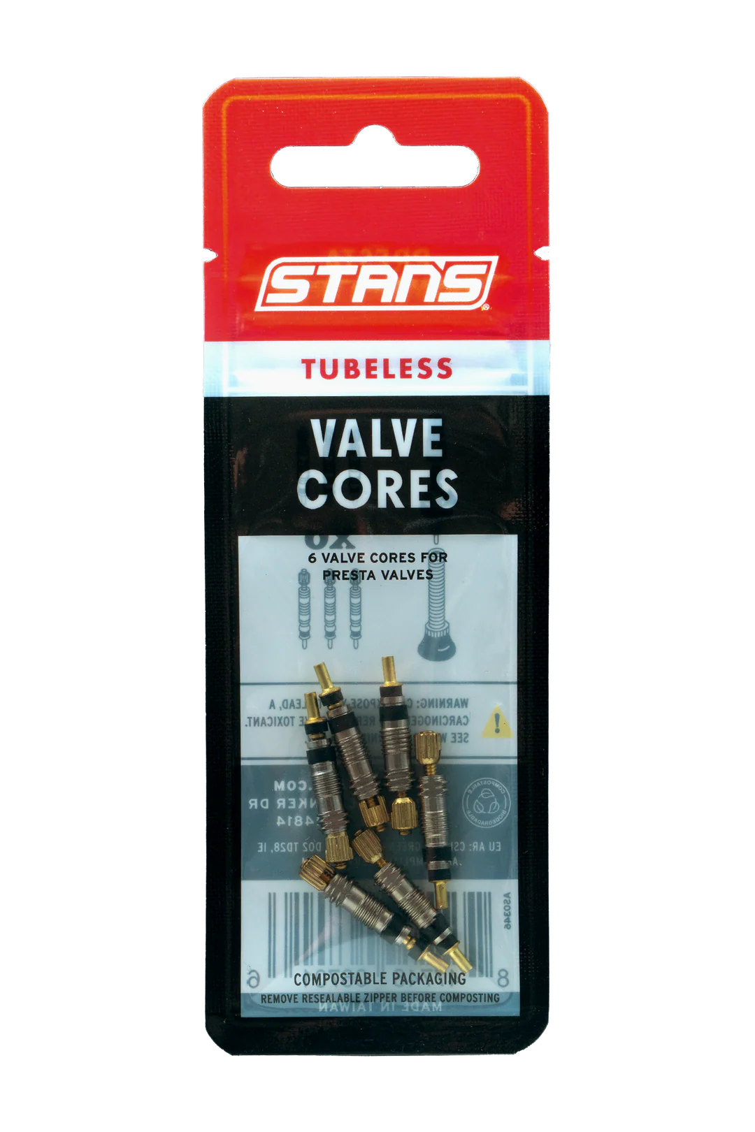 Stans Valve Cores Pack of 6 for presta valve cores pack suitable for presta valve stems and rim strips.