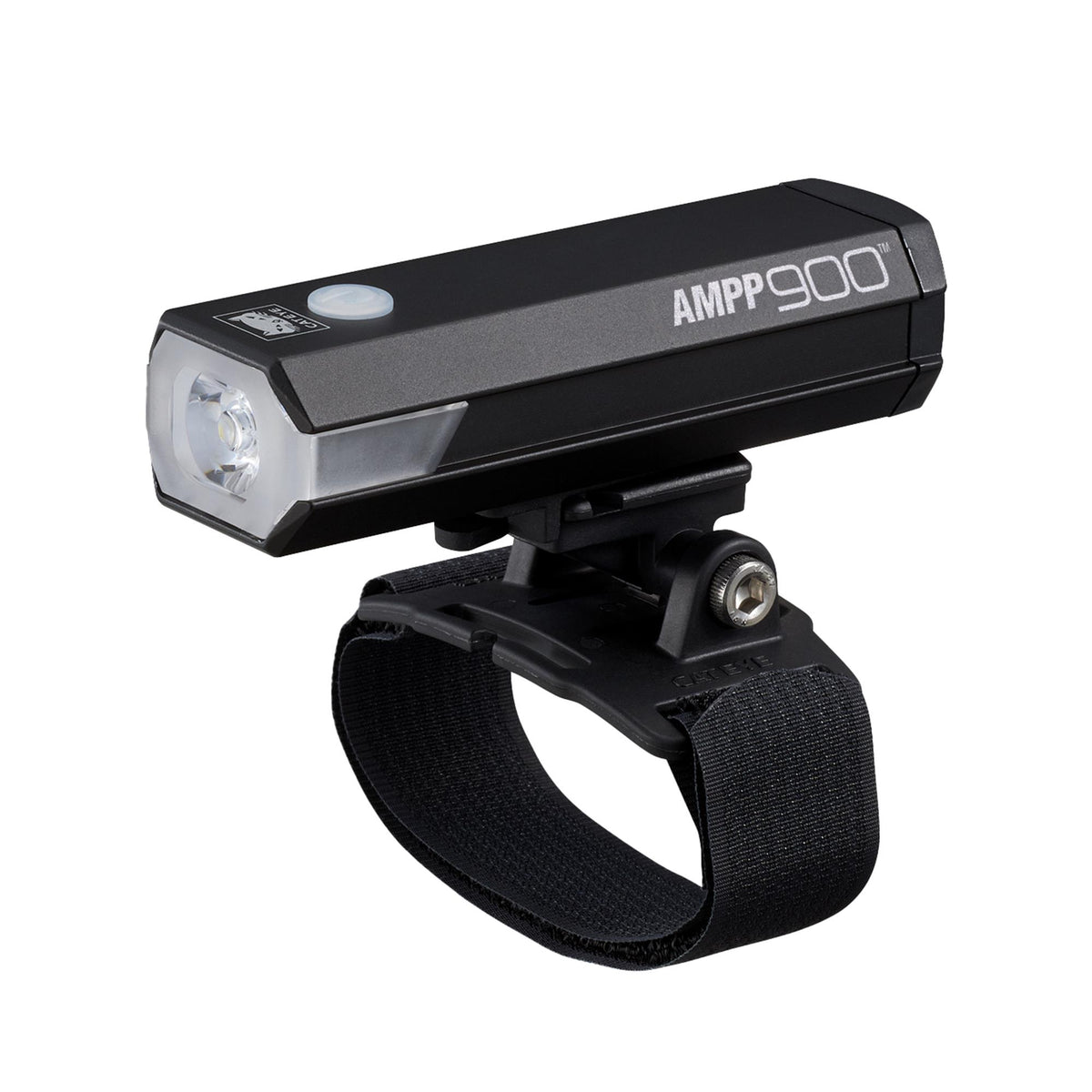 CatEye AMPP 900 bicycle light mounted on a helmet, designed for maximum visibility and performance in cycling.