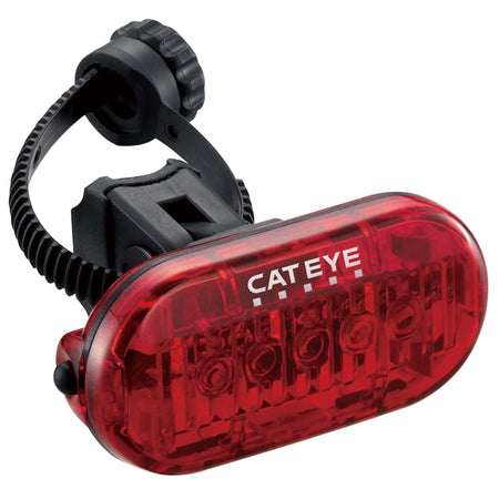 CatEye Omni 5 rear bicycle light showcasing five LED lights and FlexTight bracket for bicycle safety and visibility.