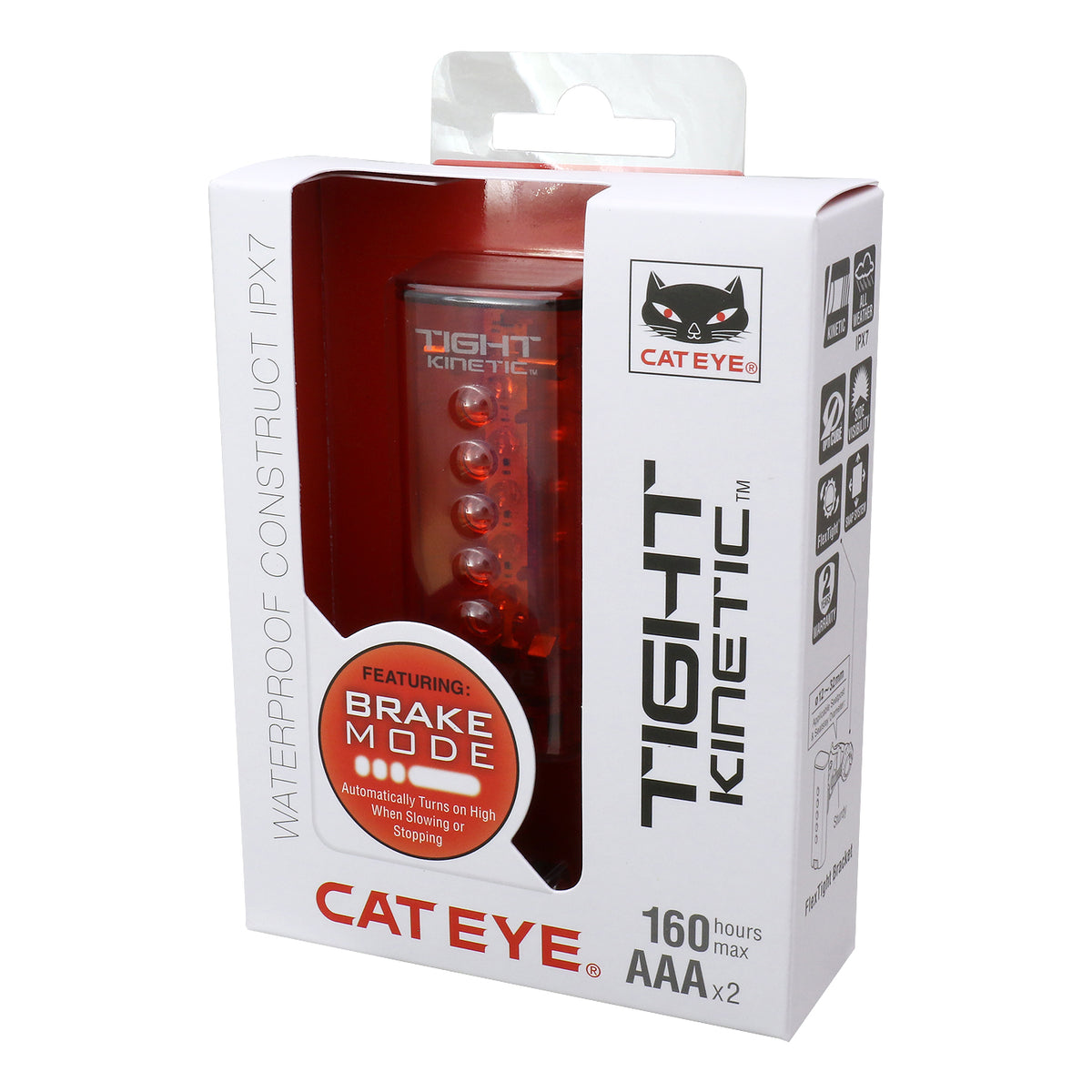 CatEye Tight Kinetic Rear Light packaging showcasing waterproof construction and brake mode for cyclists.