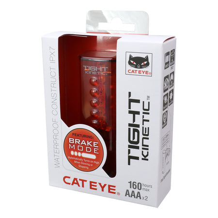 CatEye Tight Kinetic Rear Light packaging showcasing waterproof construction and brake mode for cyclists.