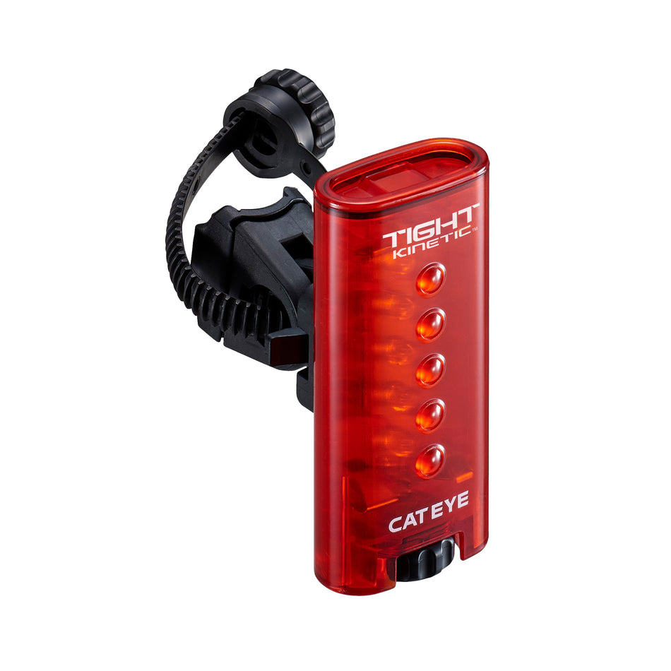 CatEye kinetic rear bike light mounted, showcasing its bright red LED design and compact weatherproof features.