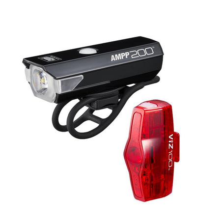 CatEye bike light set featuring AMPP 200 front light and VIZ 100 rear light for enhanced visibility and safety.