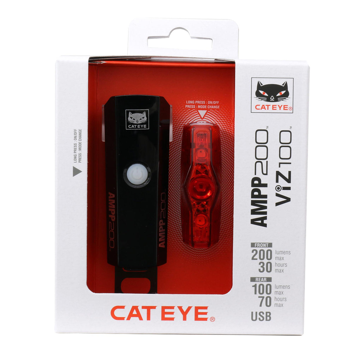 CatEye bike light set featuring AMPP 200 front light and VIZ 100 rear light in packaging.