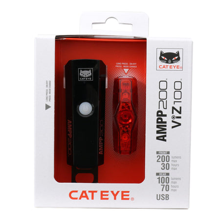 CatEye bike light set featuring AMPP 200 front light and VIZ 100 rear light in packaging.