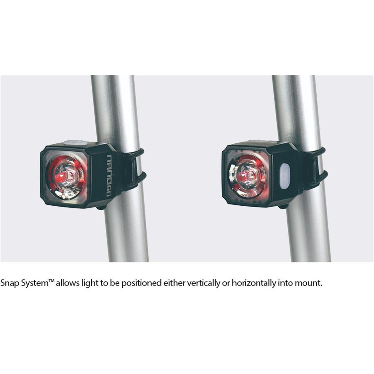 Cateye Nano chargeable bike light set mounted vertically and horizontally with Snap System technology.
