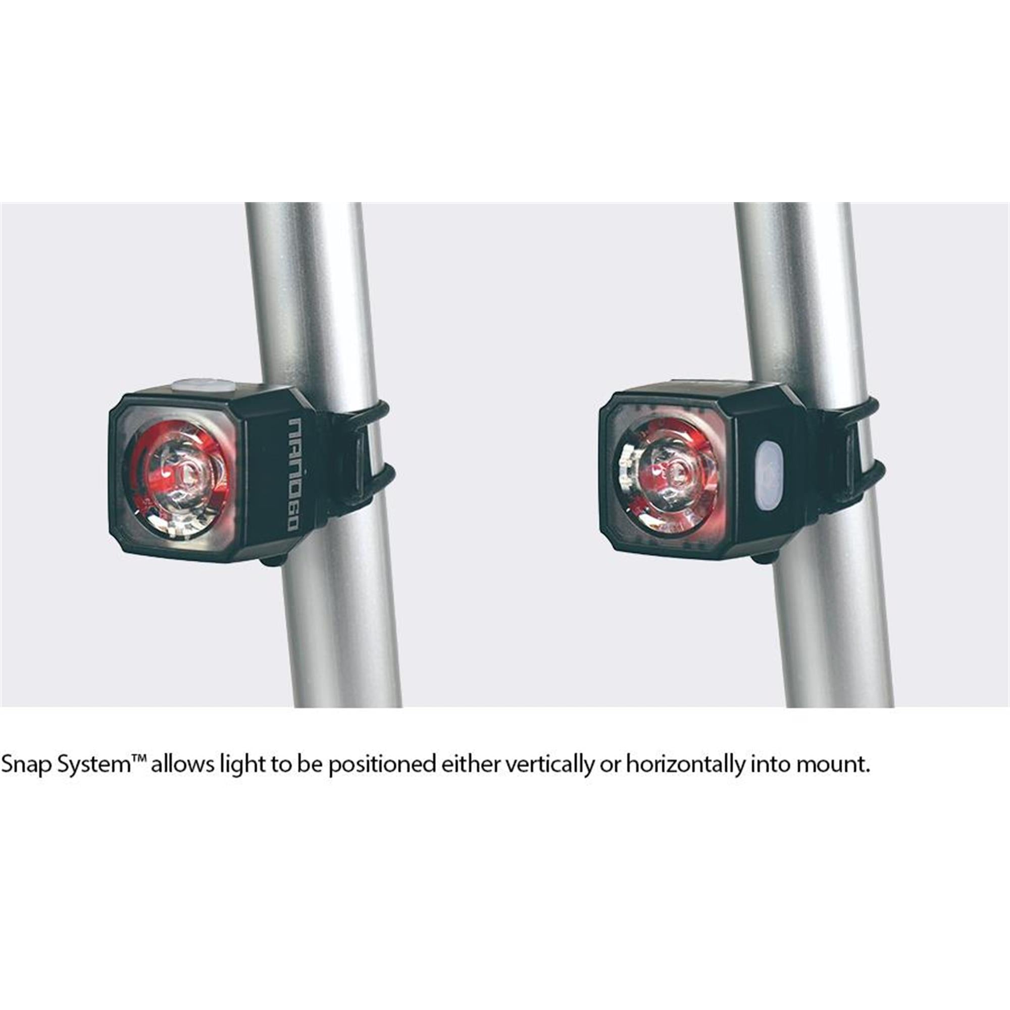 Cateye Nano chargeable bike light set mounted vertically and horizontally with Snap System technology.