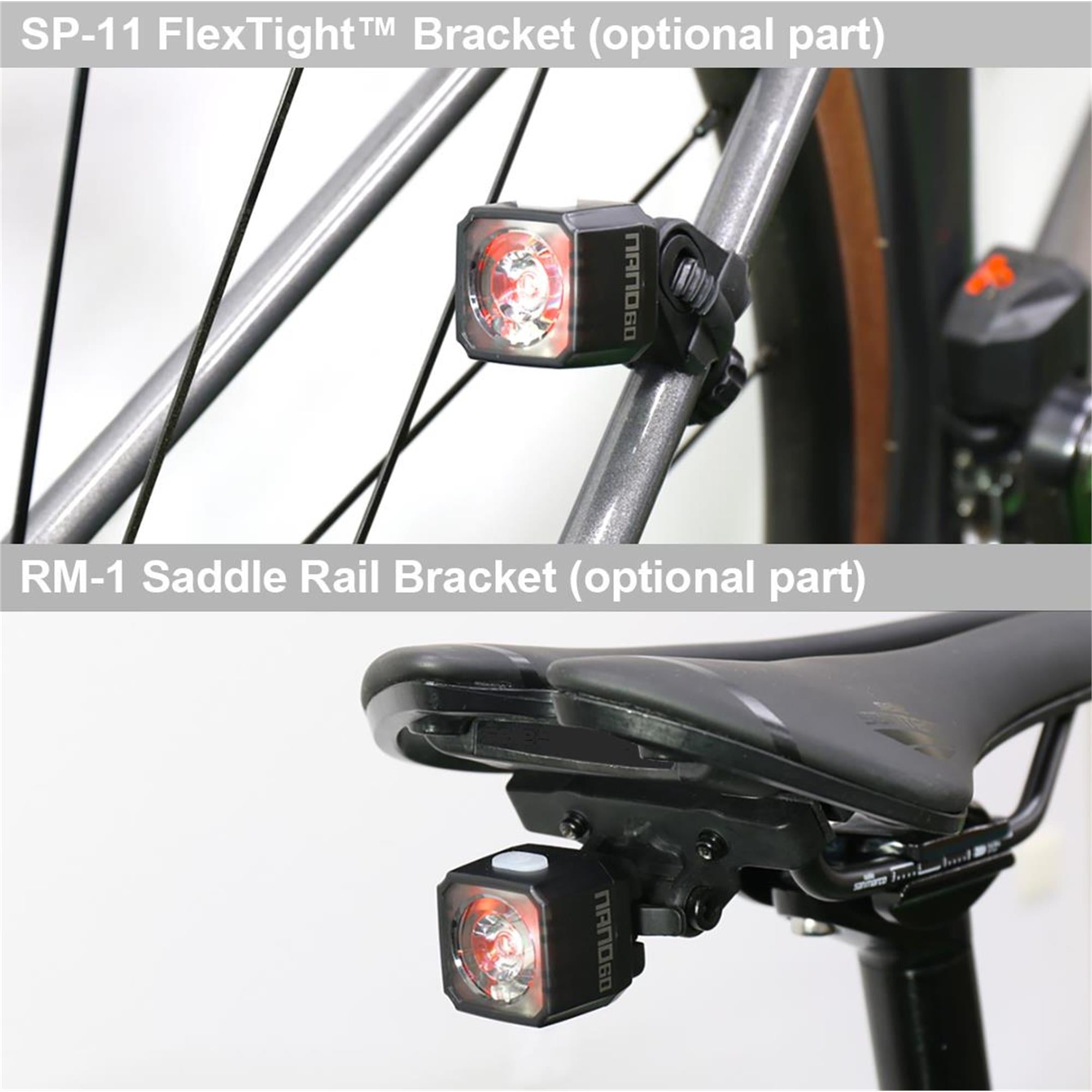 Cateye Nano chargeable bike light set mounted on SP-11 FlexTight™ and RM-1 Saddle Rail Brackets.