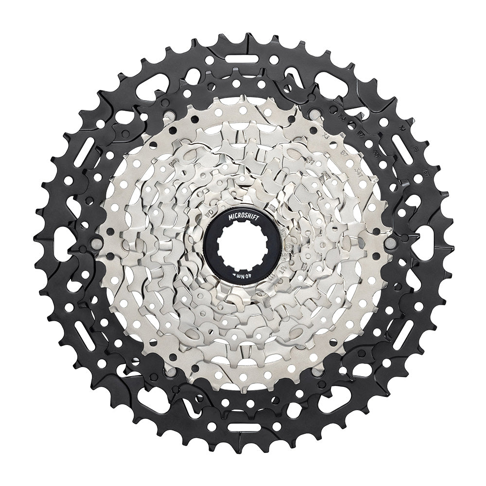 Microshift Advent MX EH106 10 speed MTB cassette 11-48T showcasing smooth-shifting and durable design.