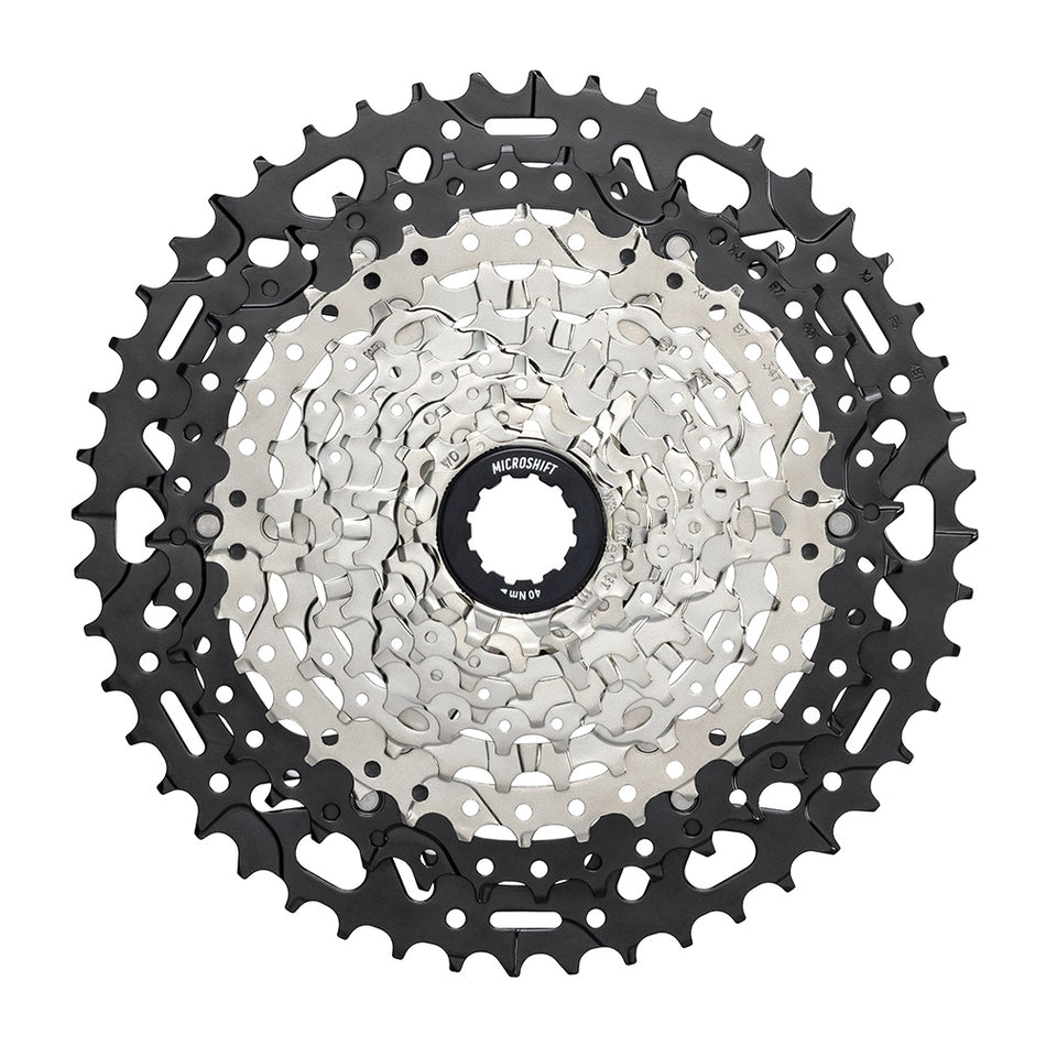 Microshift Advent MX EH106 10 speed MTB cassette 11-48T showcasing smooth-shifting and durable design.