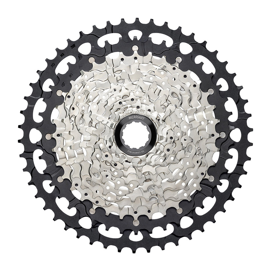 Microshift Advent MX XD116 Sram XD 11 speed gravel cassette 11-50T showing detailed sprocket design.