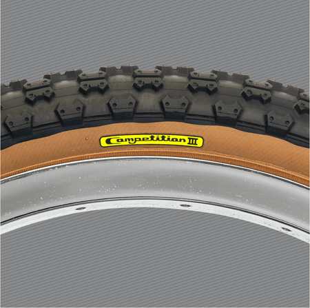 Tioga Comp III BMX old school 20" tyre skinwall showcasing the tread design and unique skinwall feature.