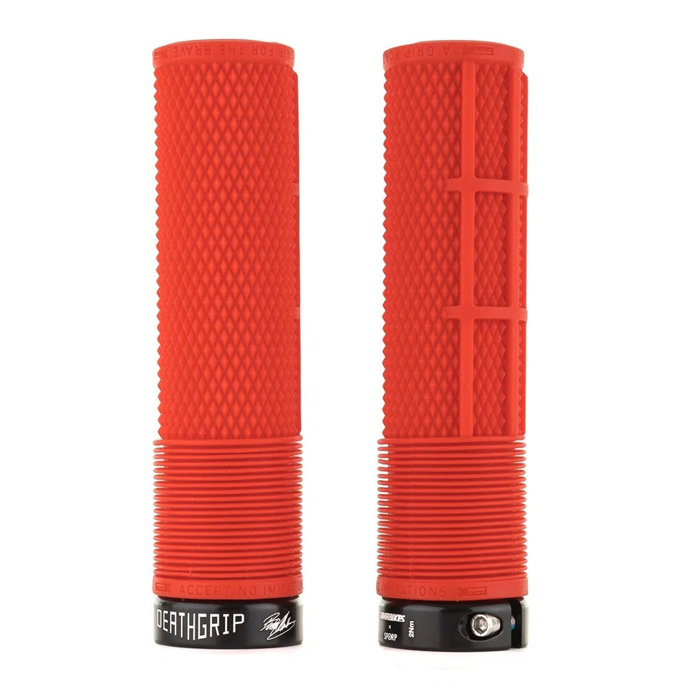 DMR Deathgrips in red, part of MTB bike bundle with water bottle and pedals.