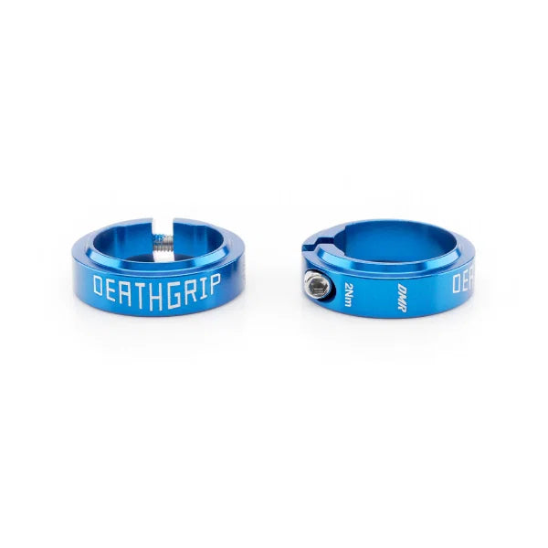 aluminium anodised grip collars for DMR Deathgrip2 in blue color with DEATHGRIP branding