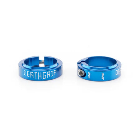 aluminium anodised grip collars for DMR Deathgrip2 in blue color with DEATHGRIP branding