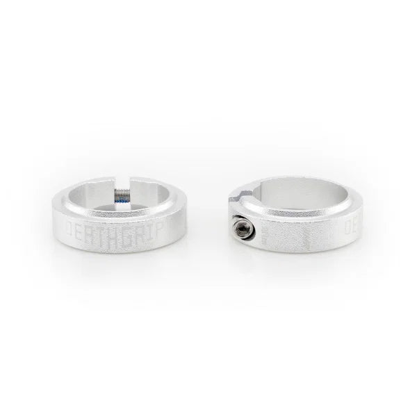 aluminium anodised grip collars for DMR Deathgrip2 in silver color, showcasing slimline design and custom fit.