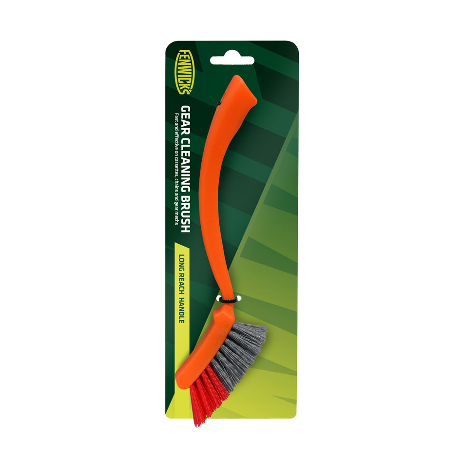 Fenwick's gear cleaning brush for drivetrain maintenance with ergonomic long handle and dual-stiffness bristles.
