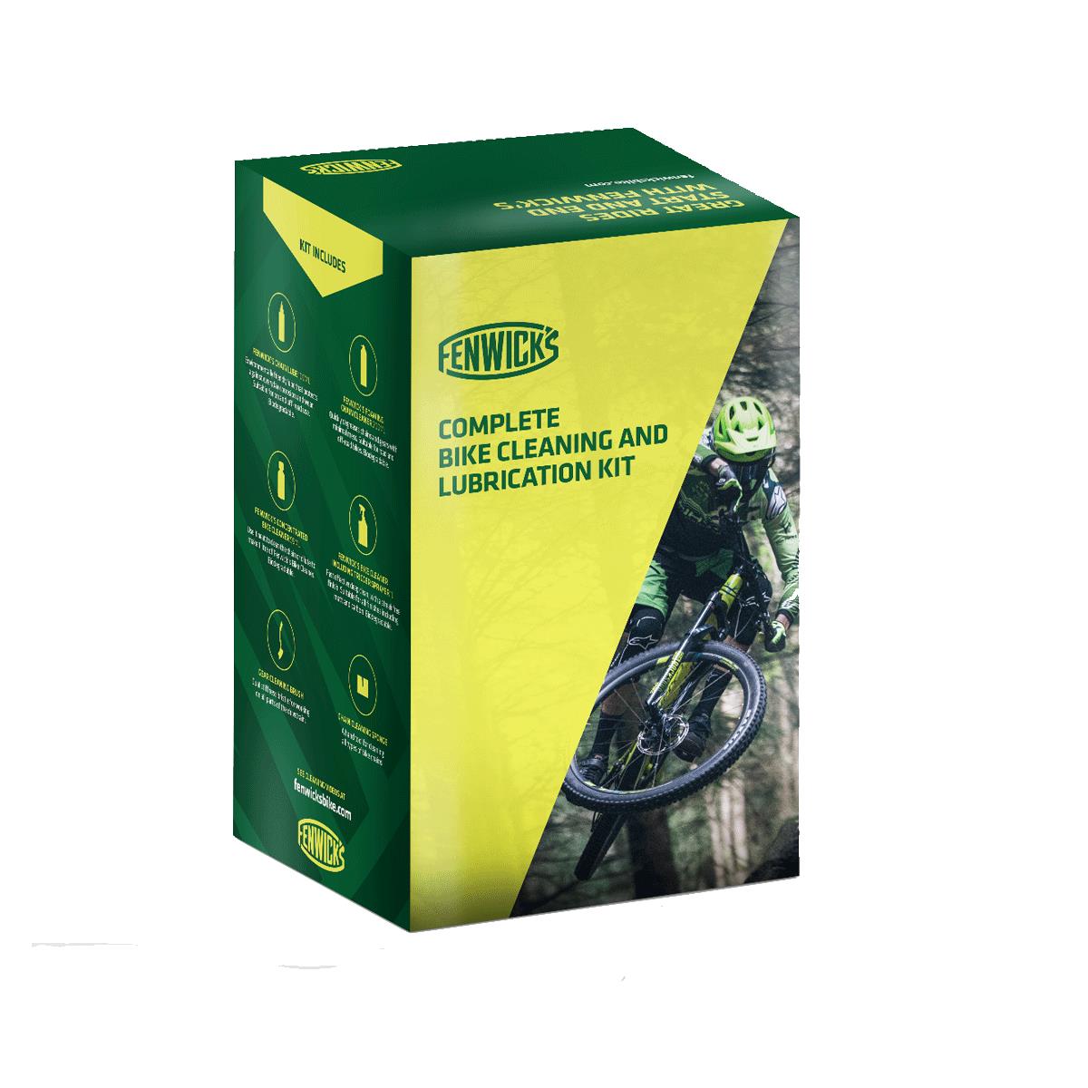 Fenwick's Complete Bike Cleaning and Lubrication Kit packaging featuring eco-friendly products for bike maintenance.