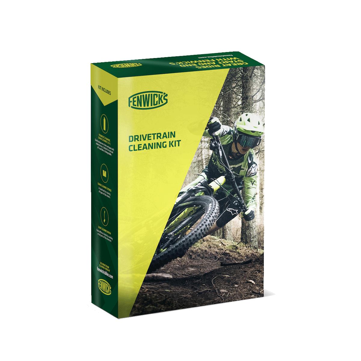 Fenwick's Drivetrain Cleaning Kit for road bike packaging design with rider in action.