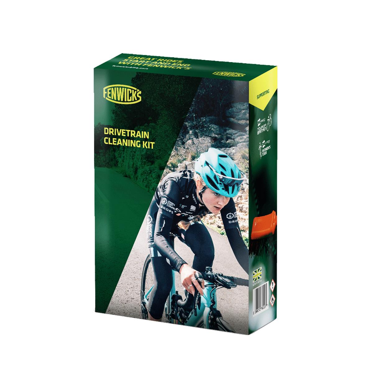 Fenwick's Drivetrain Cleaning Kit for road bike packaging displayed with cyclist on a road.