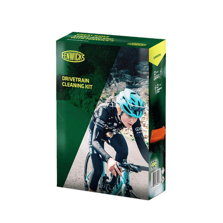 Fenwick's Drivetrain Cleaning Kit for road bike packaging displayed with cyclist on a road.