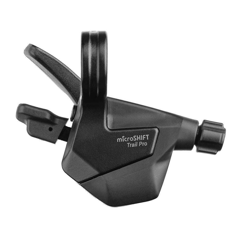 Microshift 9 speed MTB shifter image showcasing the black Trail Pro design with ergonomic shift lever for mountain biking.
