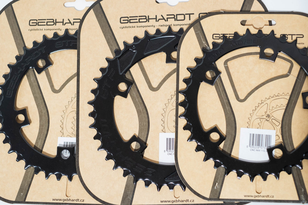 Gebhardt CNC NarrowWide chainring 110 BCD displayed on packaging, showcasing various teeth options in black color.
