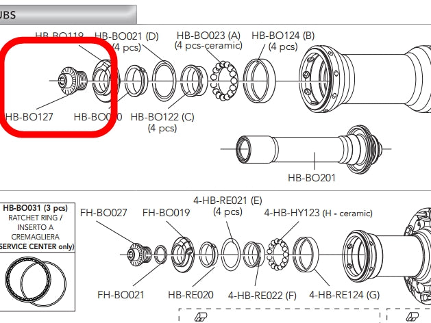 Campagnolo Bora Ultra front hub axle bolt HB-BO127 diagram with parts labeled.
