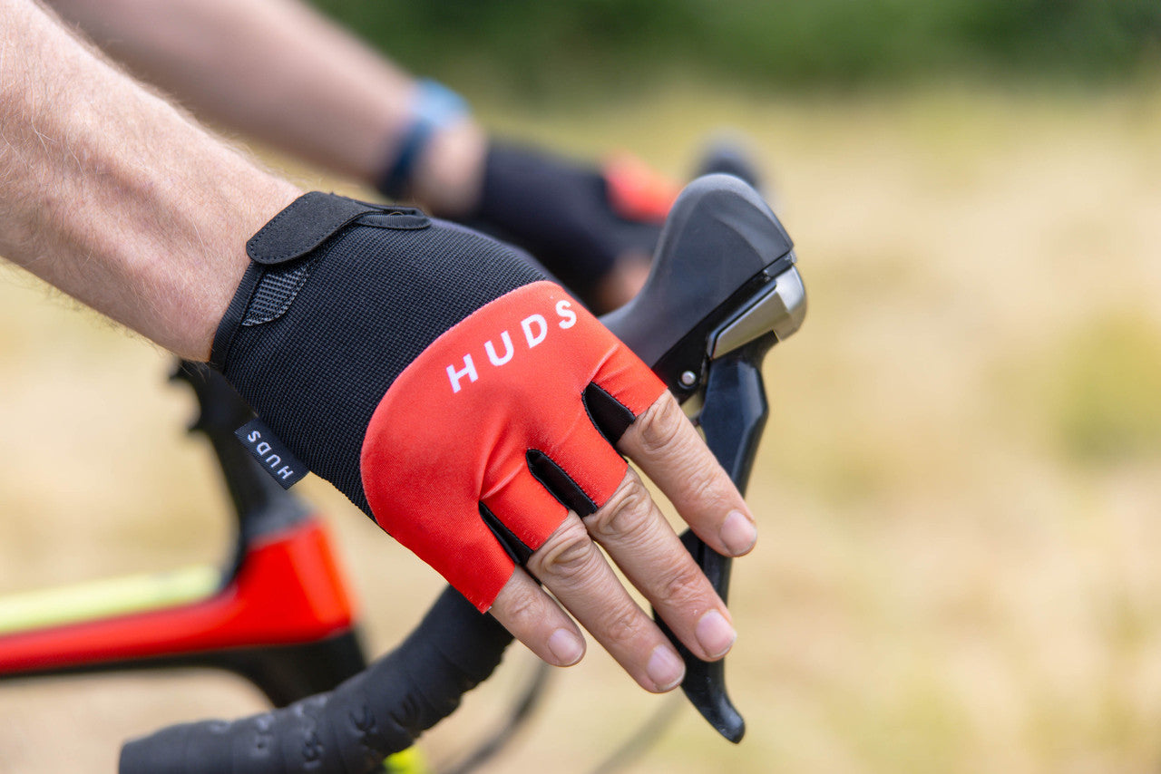 HUDS Fingerless Cycling Mitts In Red Road , Gravel and MTB