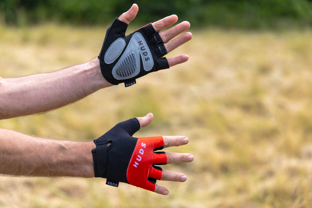 HUDS Fingerless Cycling Mitts In Red Road , Gravel and MTB