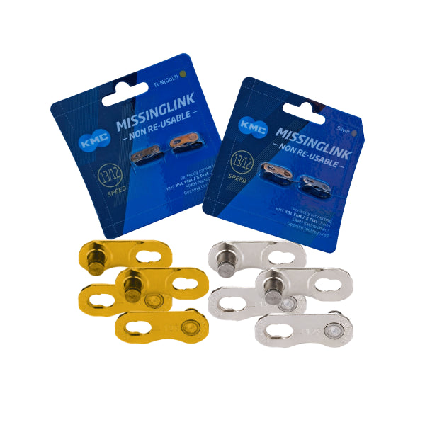 KMC flat SRAM chain joining links in silver and gold packs, featuring 4 pieces including two links for bike chains.